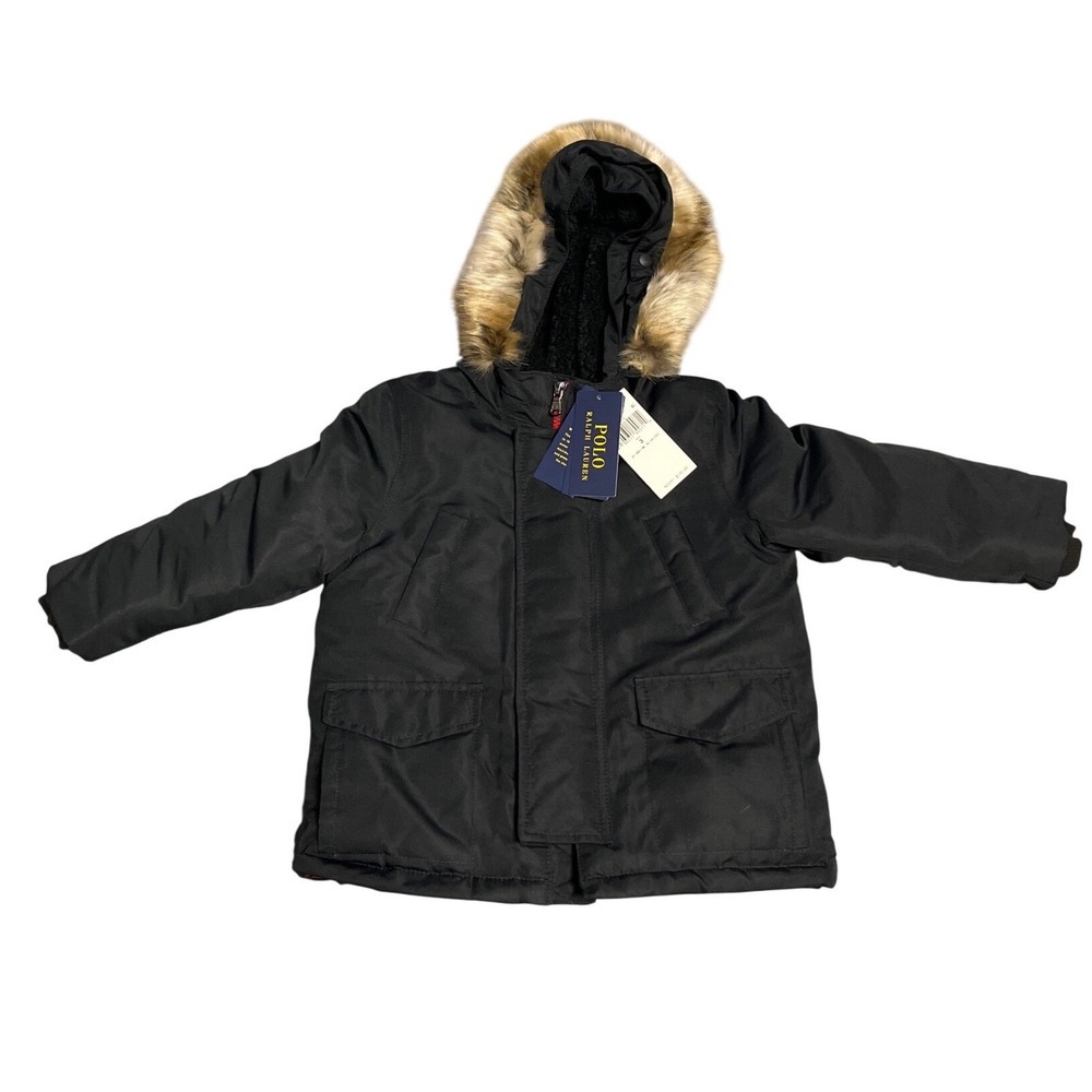 Polo Ralph Lauren Parka Kids 3 Black NWT Faux Fur Hood Sherpa Lined Winter Coat